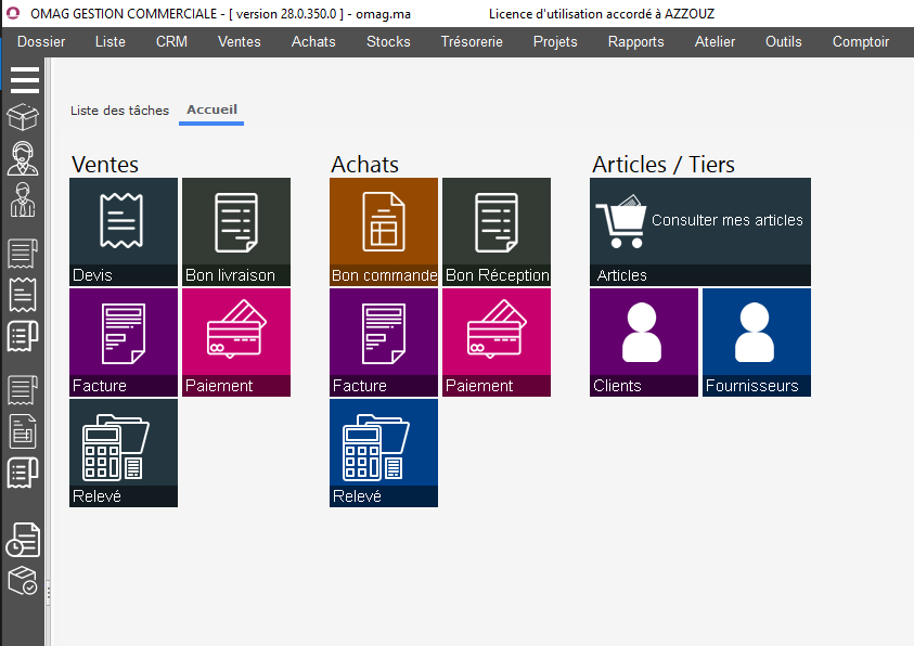 Interface du module commercial
